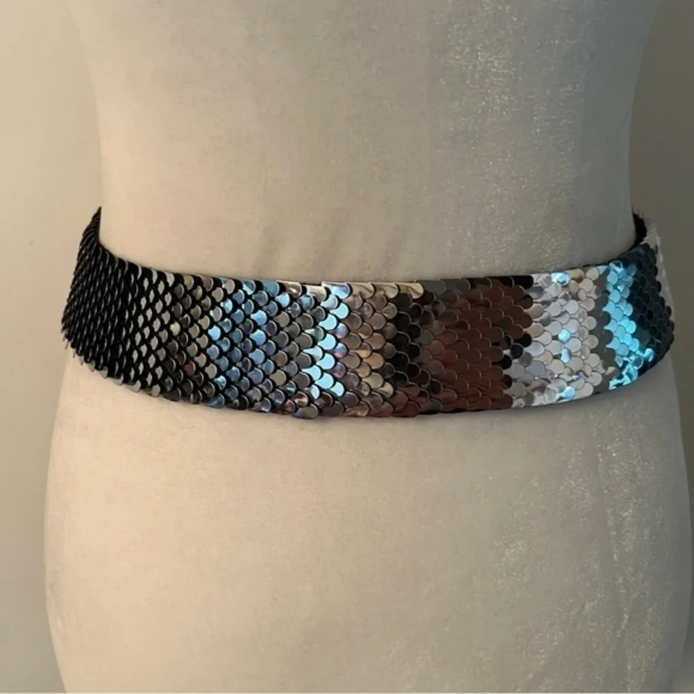 Vintage stretch statement belt silver toned metal disks ornate  buckle EUC